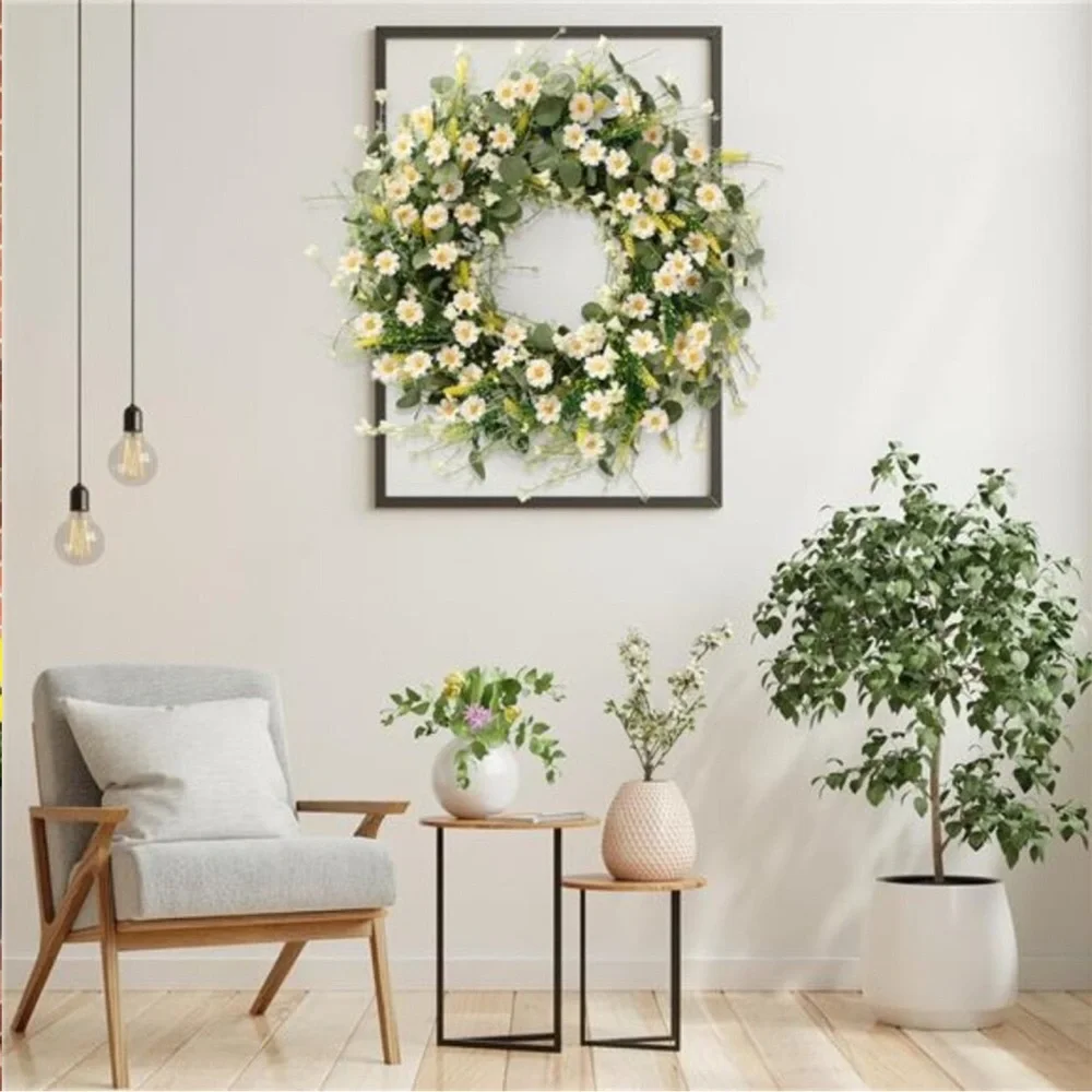 White Daisy Wreath 24 Inch Spring Summer Wreath Fake Silk Floral Wreath